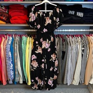 Audrey black/pink floral elastic waistband off the shoulder jumpsuit size S